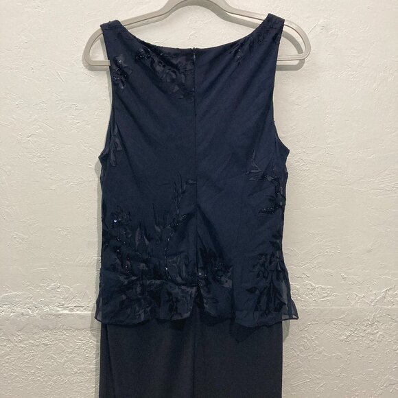 Alex Evenings Maxi Dress Gown Cocktail Holiday Burnout Sheer Floral Silk Navy - Picture 3 of 13